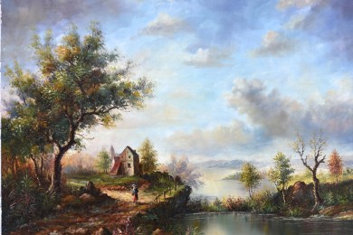 Ölgemälde, Landschaft, Öl auf Holz, 1905