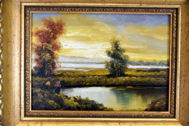 Märkische Heidelandschaft mit Weiher bei Sonnenuntergang im Herbst, Klier, 1896