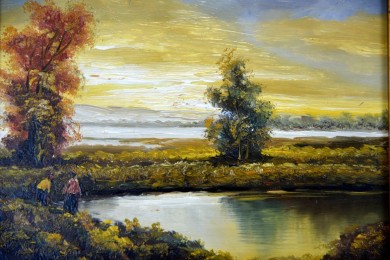 Märkische Heidelandschaft mit Weiher bei Sonnenuntergang im Herbst, Klier, 1896