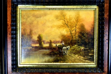 Romantische Landschaft mit See Pferdefuhrwerk, H. G. Clemens, 1886