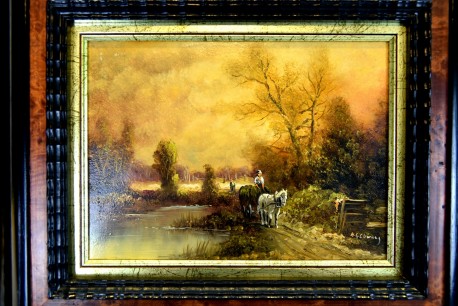 Romantische Landschaft mit See Pferdefuhrwerk, H. G. Clemens, 1886