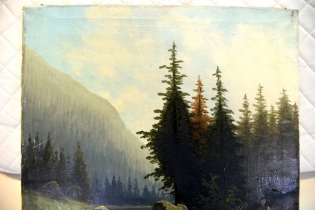 Ölgemälde, Veroni, Fluss und Wasserfall am Wald