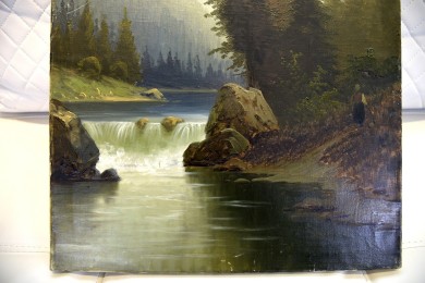 Ölgemälde, Veroni, Fluss und Wasserfall am Wald