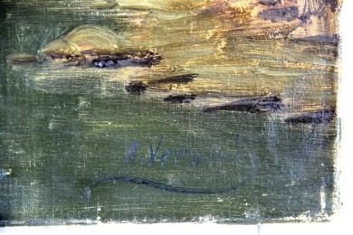 Ölgemälde, Veroni, Fluss und Wasserfall am Wald