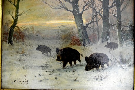 Ölgemälde - Wildschweine im Winterwald, C. Lange, Df, 1901