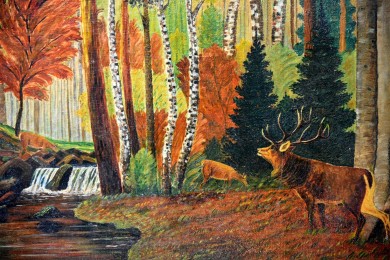 Wald mit Hirsch am Fluss, Impressionist, Stornitzky, 1931