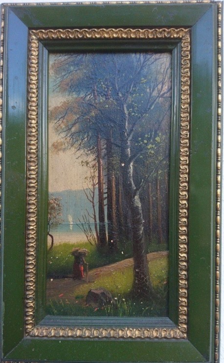 Reisigsammlerin am Ufer des Märkischen Waldsees, Spätromantiker, Öl auf Keramik,1880