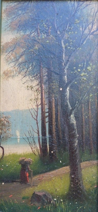 Reisigsammlerin am Ufer des Märkischen Waldsees, Spätromantiker, Öl auf Keramik,1880