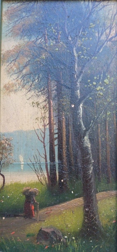 Reisigsammlerin am Ufer des Märkischen Waldsees, Spätromantiker, Öl auf Keramik,1880