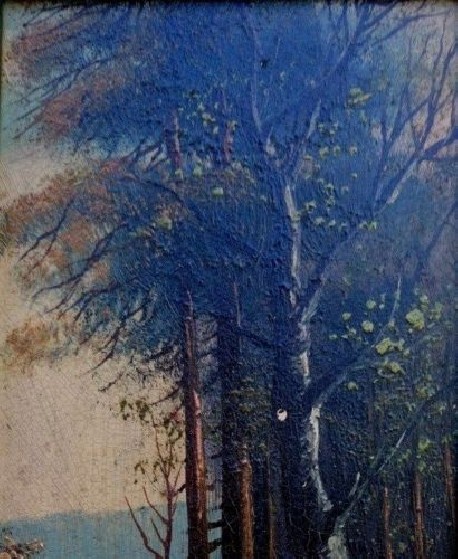 Reisigsammlerin am Ufer des Märkischen Waldsees, Spätromantiker, Öl auf Keramik,1880
