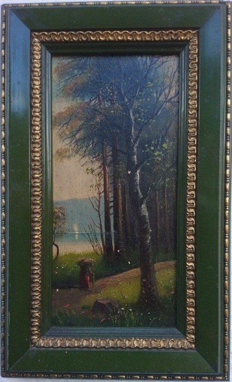 Reisigsammlerin am Ufer des Märkischen Waldsees, Spätromantiker, Öl auf Keramik,1880