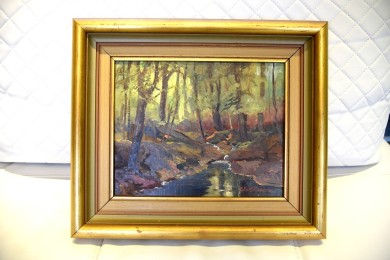 Surreale Waldlandschaft mit Bachlauf, E. Runefjord, 1948