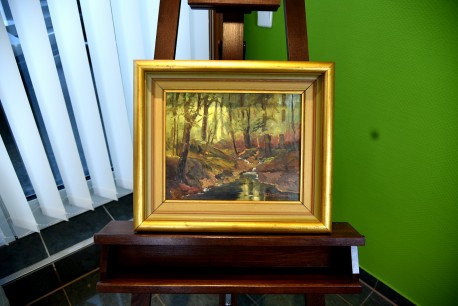 Surreale Waldlandschaft mit Bachlauf, E. Runefjord, 1948