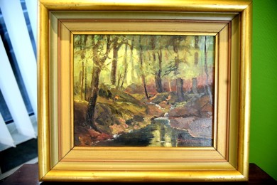 Surreale Waldlandschaft mit Bachlauf, E. Runefjord, 1948