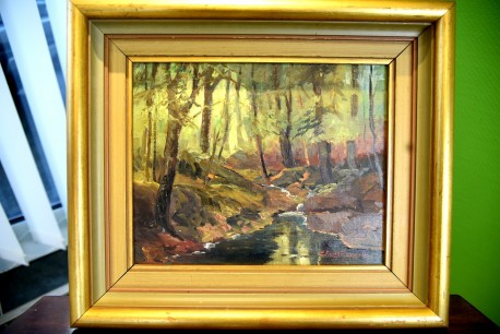 Surreale Waldlandschaft mit Bachlauf, E. Runefjord, 1948