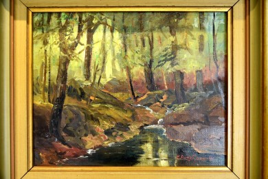 Surreale Waldlandschaft mit Bachlauf, E. Runefjord, 1948