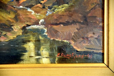 Surreale Waldlandschaft mit Bachlauf, E. Runefjord, 1948