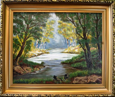 Surreale Waldlandschaft mit Fluss, A. Widerberg, 1950
