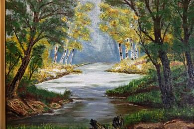 Surreale Waldlandschaft mit Fluss, A. Widerberg, 1950