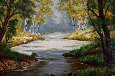 Surreale Waldlandschaft mit Fluss, A. Widerberg, 1950