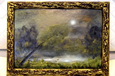 Märkische Seelandschaft im Mondschein, Ölgemälde, signiert, 1985