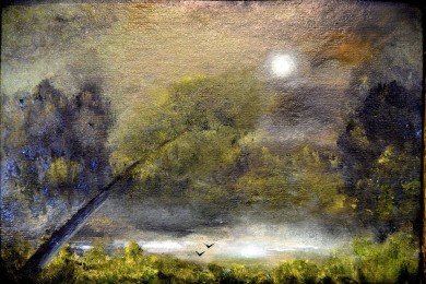 Märkische Seelandschaft im Mondschein, Ölgemälde, signiert, 1985