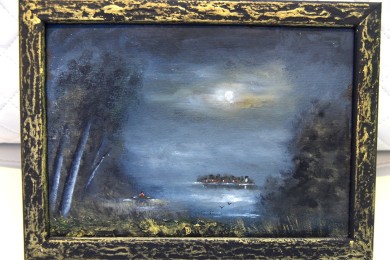 Märkische Seelandschaft im Mondschein, Ölgemälde, signiert, 1985