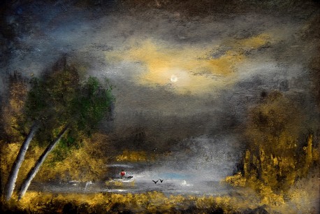 Märkischer Seel mit Fischer im Mondschein, Ölgemälde, signiert, 1985