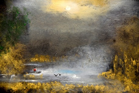 Märkischer Seel mit Fischer im Mondschein, Ölgemälde, signiert, 1985