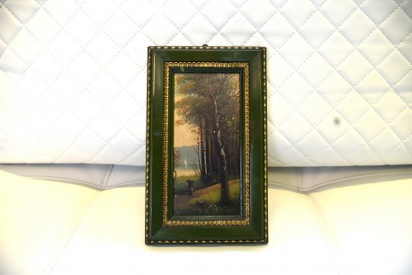 Reisigsammlerin am Ufer des Märkischen Waldsees, Spätromantiker, Öl auf Keramik,1880