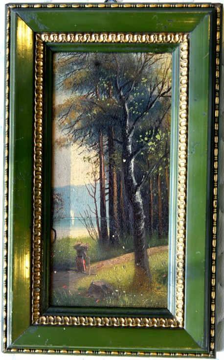 Reisigsammlerin am Ufer des Märkischen Waldsees, Spätromantiker, Öl auf Keramik,1880