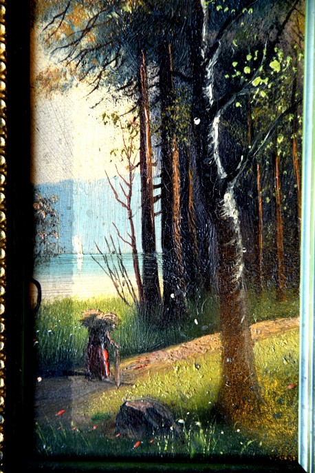 Reisigsammlerin am Ufer des Märkischen Waldsees, Spätromantiker, Öl auf Keramik,1880