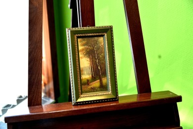 Reisigsammlerin am Ufer des Märkischen Waldsees, Spätromantiker, Öl auf Keramik,1880