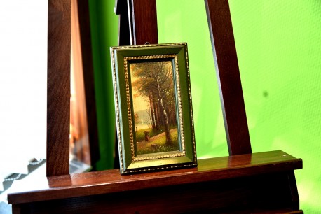 Reisigsammlerin am Ufer des Märkischen Waldsees, Spätromantiker, Öl auf Keramik,1880