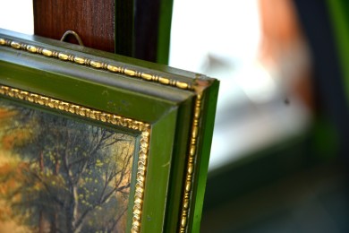 Reisigsammlerin am Ufer des Märkischen Waldsees, Spätromantiker, Öl auf Keramik,1880