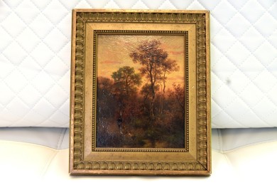 Antikes Jagdmotiv: Jäger mit Hund am Teich, Johann Jakob Matthäus Maurer, 1869