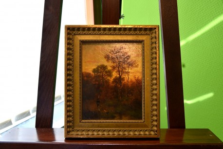 Antikes Jagdmotiv: Jäger mit Hund am Teich, Johann Jakob Matthäus Maurer, 1869