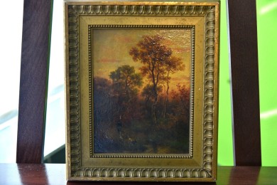 Antikes Jagdmotiv: Jäger mit Hund am Teich, Johann Jakob Matthäus Maurer, 1869