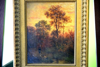 Antikes Jagdmotiv: Jäger mit Hund am Teich, Johann Jakob Matthäus Maurer, 1869