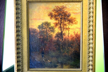 Antikes Jagdmotiv: Jäger mit Hund am Teich, Johann Jakob Matthäus Maurer, 1869