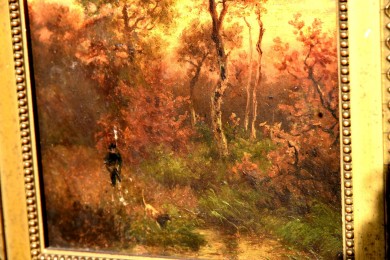 Antikes Jagdmotiv: Jäger mit Hund am Teich, Johann Jakob Matthäus Maurer, 1869