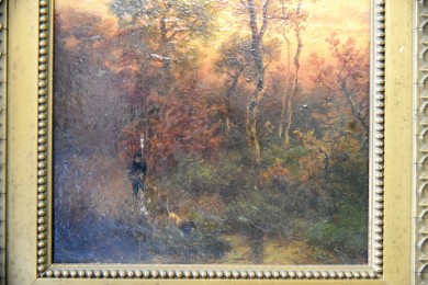 Antikes Jagdmotiv: Jäger mit Hund am Teich, Johann Jakob Matthäus Maurer, 1869