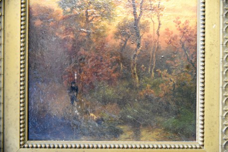 Antikes Jagdmotiv: Jäger mit Hund am Teich, Johann Jakob Matthäus Maurer, 1869