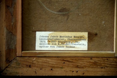 Antikes Jagdmotiv: Jäger mit Hund am Teich, Johann Jakob Matthäus Maurer, 1869