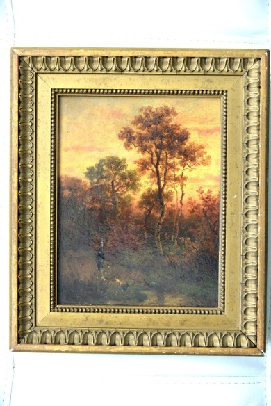 Antikes Jagdmotiv: Jäger mit Hund am Teich, Johann Jakob Matthäus Maurer, 1869