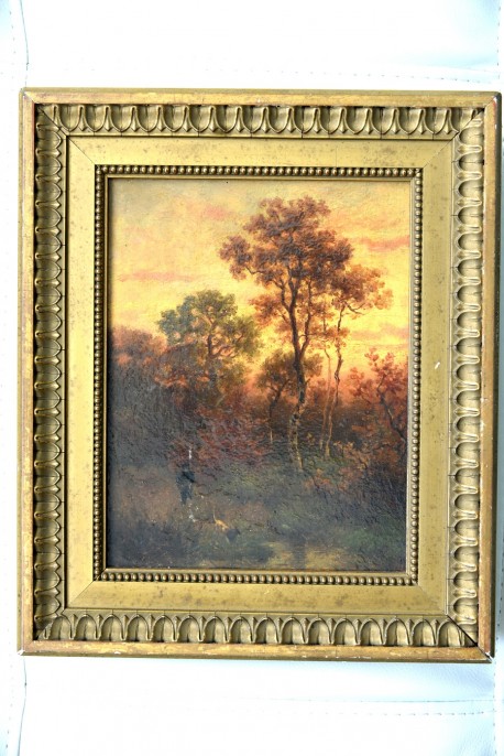 Antikes Jagdmotiv: Jäger mit Hund am Teich, Johann Jakob Matthäus Maurer, 1869