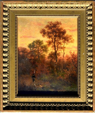 Antikes Jagdmotiv: Jäger mit Hund am Teich, Johann Jakob Matthäus Maurer, 1869