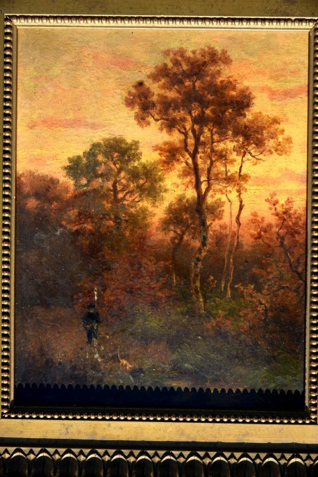 Antikes Jagdmotiv: Jäger mit Hund am Teich, Johann Jakob Matthäus Maurer, 1869