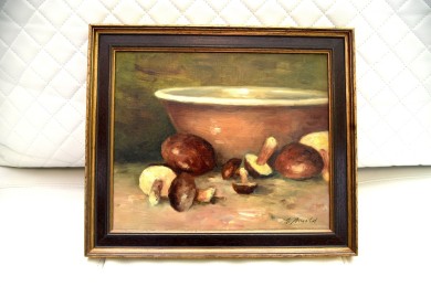 Pilze mit Schüssel auf Tisch, Stillleben, Gerhard Arnold, 1971