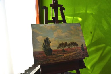 Heidlandschaft mit Bauhütte im Kiefernhain, Remer, 1860